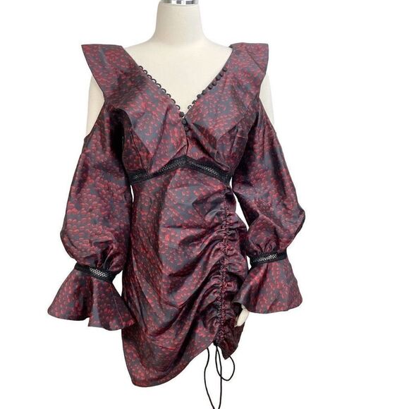 Beulah Red Black Stunning Runway Ruffle V-neck Dress Size L - Picture 1 of 14